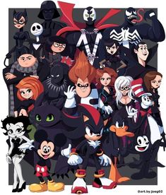 an image of many different cartoon characters in the same photo, all dressed up and ready to