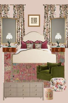 a bedroom with pink walls, floral curtains and green furniture in the foreground is a white headboard that has two mirrors on it