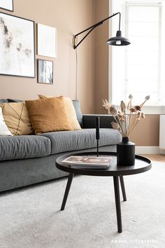 a living room with a gray couch, coffee table and pictures on the wall above it