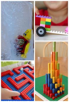 the collage shows different activities for children to do with legos and building blocks