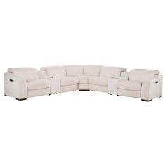 a white sectional couch with two reclinings on the back and one arm facing forward