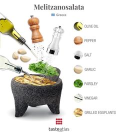 an advertisement for the italian cuisine with ingredients being added to it's cooking utensils