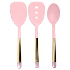 three pink and gold utensils with hearts on them