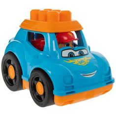 a blue toy car with an orange top on it's head and two wheels