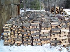 a pile of logs sitting in the snow