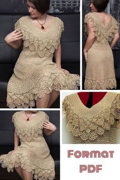 four photos of a woman wearing a dress made from crocheted yarn and lace