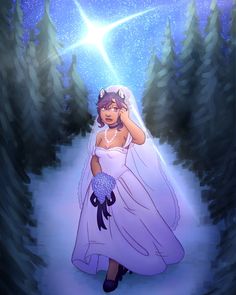 a woman in a wedding dress walking down a snow covered path with a star above her head