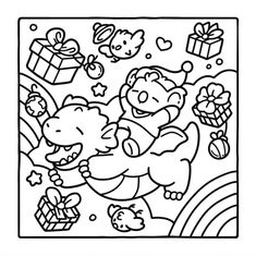 a coloring page with an image of a teddy bear holding a gift box and other toys