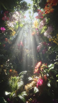 the sun shines through the trees and flowers