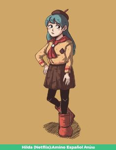 a girl with blue hair standing on top of a pair of red boots and holding her hands in her pockets