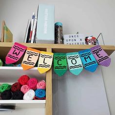 Classroom Crochet Ideas, Crochet Crayon, Crochet Teacher, Teacher Decor, Teacher Signs, Crochet Decrease, Welcome Banner, Bunting Flags, Small Shops