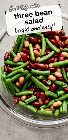 a glass bowl with salad and text overlay that reads three bean salad - bright and easy! Three Bean Salad Recipe, Dressing From Scratch, Iceberg Lettuce Salad, Honey Dijon Dressing, Dijon Dressing, Bean Salad Recipe, Three Bean Salad