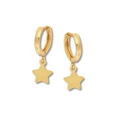 These adorable earrings for her feature dainty stars dangling from hoops. The 14K yellow gold earrings secure with hinged backs. Dainty Stars, Dainty Gold Earrings, Gold Diamond Earrings Studs, Gold Stock, Jewelry Advice, Yellow Gold Earrings, Kay Jewelers, Yellow Gold Earring, Rose Gold Diamonds