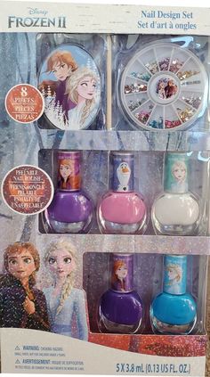 Great Gift for girls! Free Shipping! She'll melt your heart with these cosmetic accessories set from Frozen. This cosmetic accessories set will have her looking and feeling like a princess.  Disney Frozen IINail Polish Set includes: a sticker, nail gems, and 5 bottles of peelable nail polish 0.13fl. oz. each.  WARNING: Choking Hazard.  Not intended for children under 3. Man-Made Material. Imported Clean With Damp Cloth Disney Frozen Nails, Disney Princess Nail Polish, Disney Frozen Gift, Frozen Things, Frozen Nails, Sophia Rose, Nail Paint Shades, Minnie Mouse Birthday Invitations, Disney Princess Sofia