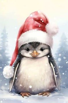 a penguin wearing a santa hat in the snow