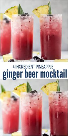 four ingredient pineapple ginger beer mocko cocktails in glasses with garnishes