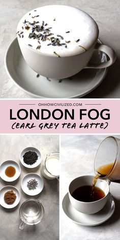 the london fog tea is being poured into a white cup and saucer with various ingredients