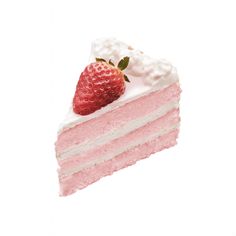 a slice of strawberry cake with whipped cream and a strawberry on top, sitting in front of a white background