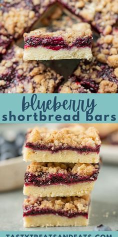 blueberry shortbread bars stacked on top of each other with the title above it