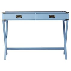 a blue desk with two drawers on the top and one drawer at the bottom, against a white background