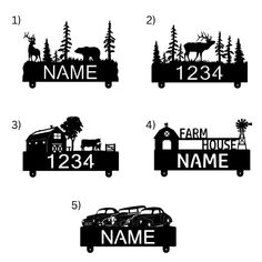 four different decals with the names and numbers for various types of vehicles, including an rv