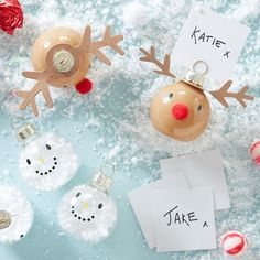 christmas ornaments with name tags on them sitting in the snow