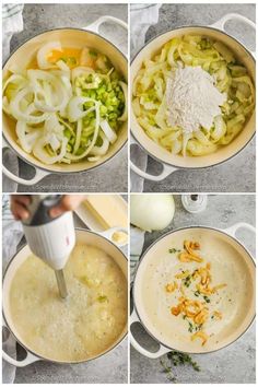 four pictures showing how to make soup with onions, broccoli and other ingredients