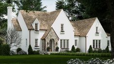 a large white house with lots of windows and plants around it's front yard