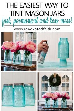 mason jars with pink flowers in them and the words how to paint mason jars on them