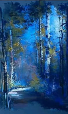 an oil painting of trees in the woods with blue sky and sun shining through them