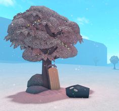 an animated tree in the middle of a snow covered field with a suitcase under it