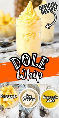 an advertisement for dole whip with pineapples and ice cream in the background