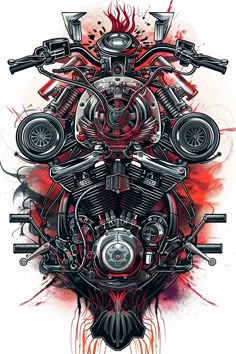 a drawing of a motorcycle engine with flames coming out of the front and back wheels