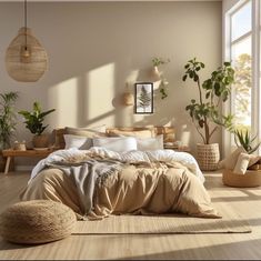 a large bed sitting next to a window in a room with potted plants on the floor