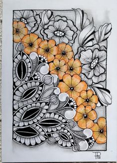 an orange and black drawing with flowers on it