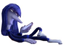 a cartoon character sitting on the ground holding a cell phone and looking at it's screen