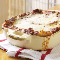 an extra - easy lasagna casserole is shown on a table