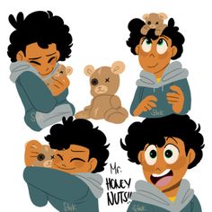 an image of a boy holding a teddy bear in his arms with other images around him