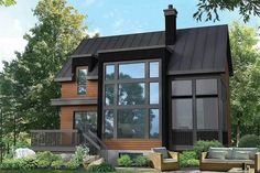 this is an artist's rendering of a modern cabin style home in the woods