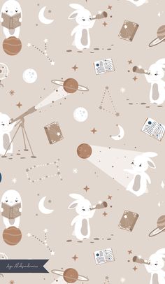 an animal pattern with stars, moon and books in the sky on a beige background