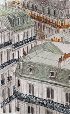 this is an image of a drawing of some buildings in paris, with orange shutters on the windows