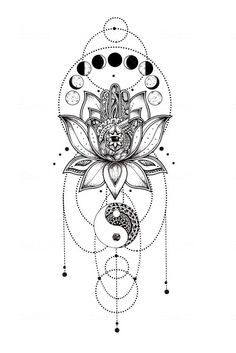 a black and white drawing of a lotus flower with yin symbols in the center, surrounded by circles