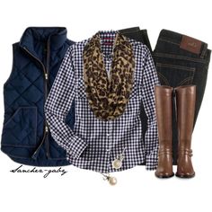 Navy Vest Outfit, Brown Vest Outfit, Navy Vest, Hiker Boots, Leopard Scarf, Navy Gingham, Winter Mode