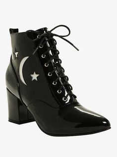 BLACK PATENT LEATHER HOLOGRAM MOON & STARS POINTED TOE BOOTIE Midnight Themed Shoes, Witchy Shoes Modern, Ankle Boots Stars, Witchy Shoes Summer, Moon Inspired Shoes, Box Heels, Culture Clothes, Patent Leather Booties, Yennefer Of Vengerberg