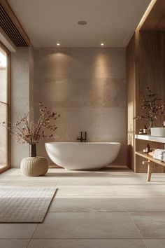 a bathroom with a large white tub next to a sink