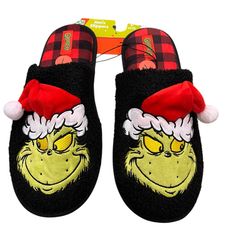 Questions? Leave A Comment Below! New Grinch Christmas Santa Hat Faux Fur Slippers Slides White Size Large 11/12 Blended Fabric, And Flat Heel Height With Rubber Outsole. The Multicolor Slippers Are Embroidered With The Grinch Character And Are Made Of Faux Fur That Keeps Your Feet Warm And Comfortable During The Winter Season. The Slipper Is Designed With A Solid Pattern And The Cotton Lining Grinch Room, Grinch Slippers, Grinch Characters, Christmas Slippers, Christmas Santa Hat, Faux Fur Slippers, Fur Slippers, Grinch Christmas, The Grinch