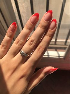 Clear Red French Tip Nails, Coral Red French Tip Nails, Red Fresh Tip Nails, Bright Red Nails French Tip, Short Almond Red French Tip Nails, Bright Red French Tip Nails, Nails That Go With A Red Dress, Red Tip Nails, Nail Art For Short Nails