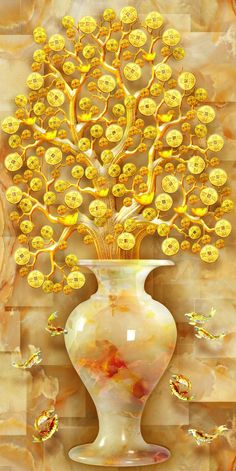 a white vase filled with lots of yellow buttons on top of a marble wall next to a tree