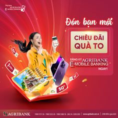 an advertisement for mobile banking with a woman holding her cell phone and shopping bags in the air