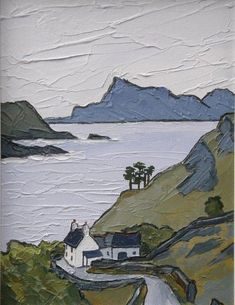 an oil painting of a house on the side of a road near water and mountains